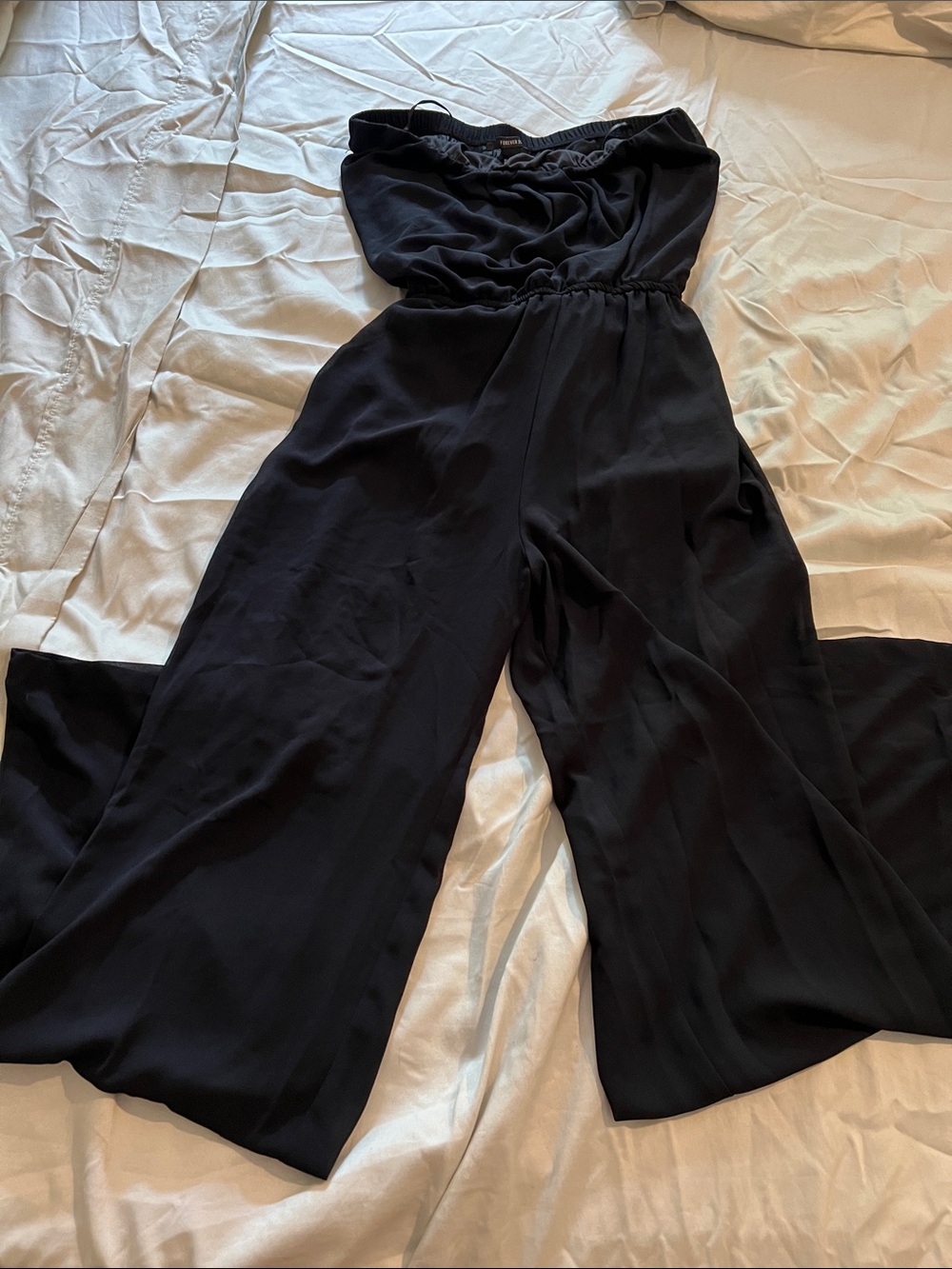 Black Strapless Wide-Leg Jumpsuit shorts under shear  all the way down the legs